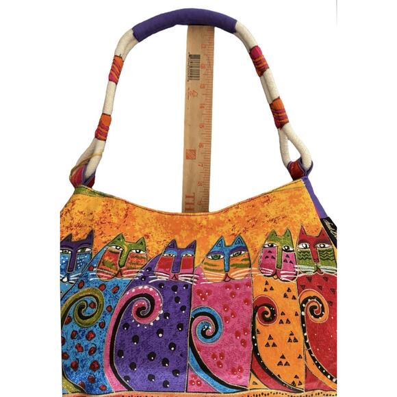 Laurel Burch Fantasticats Purse Shoulder Bag 6 Cats Zip Canvas Wood Bag Charm - Picture 15 of 15